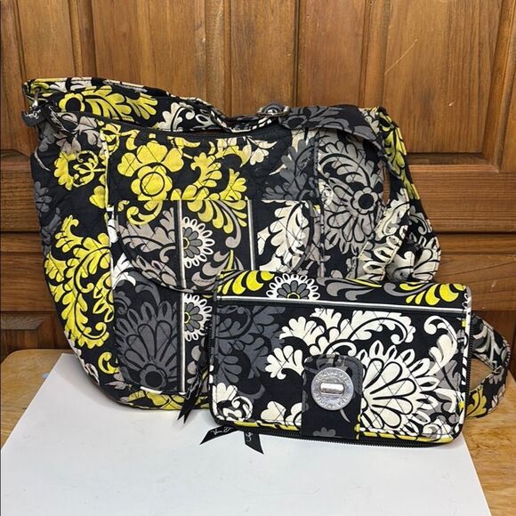 Vera Bradley Black and Yellow Crossbody Purse with Matching Wallet- Preowned - Picture 1 of 13